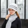 Frauen Winter Hut Dicke Warm Halten Wolle Kappe Schal Set Mode Für Elegante Blumen Kaninchen Pelz Gestrickte Eimer 211229