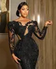 2022 Sexy Sequins Arabic Dubai Prom Dresses Black Sequined Lace Bling Crystal Beads Long Sleeves Mermaid Plus Size Party Evening Gowns Cutaway Sides Floor Length