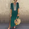 Vieunsta Mulheres Vestido Vintage Vestido 2019 Sexy V-pescoço V-pescoço de Manga Curta Split Maxi Vestido Plus Size Casual Verão Praia Vestido Longo Femme T190608