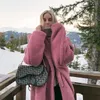 2021 Roze lange teddybeer jas jas vrouwen winter dikke warme oversized overjas vrouwen faux lambswol bontjassen dikke bovenkleding