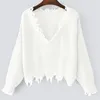 Knitted Sweater for Women Spring Autumn Ripped V Neck Loose Sweater Pullovers Oversized Ladies Tassel Tops White Black 201222