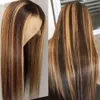 Ombre Highlight Echthaar-Perücke, Mittelteil, honigblond, braun, tiefer Scheitel, Remy-Haar, Perücke für schwarze Frauen, 150 % Dichte, 55,9 cm