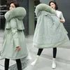 Kobiety Wyściełane Coat Hooded Mid-Długość Big Fur Collar Down Bawełniana Liner Kurtka Kobieta Gruba Zima Plus Rozmiar Odzież Odzieży Warm 201217