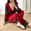 Lisacmvpnel 3 PCS Gold Velvet Keep warme pyjama's kant sexy robenightdressLong pantset pyjama voor vrouwen 201114