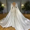 Luksusowe Suknie Mermaid Wedding Suknie Z Odpinanym Train Długie Rękawy Dubaj Arabia Koraliki Ruched Satin Bridal Suknie Chic Vestidos de Novia