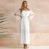 WildPinky Summer Sundress Women White Beach Dress Strapless Long Sleeve Loose Sexy Off Shoulder Lace Boho Chiffon Maxi Dress Y0118