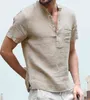 Moda Nowa męska Slim Fit Lniane Koszule Męskie Solidne Kolor Bawełniane Koszule Pościel Mężczyźni Casual Krótkie Rękawy Koszula G1222
