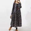 Novas mulheres vestidos outono inverno vintage impressão casual manga longa retro algodão maxi robe túnica floral grande plus tamanho vestido 201030