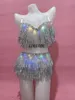 Éclairage LED Vêtements de Danse Sexy Bar Rave Party Argent Glands Franges LED Bikini 2 Pièces Tenue Discothèque Chanteur Danseur Costume183Q