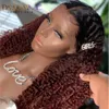Ombre Kinky Curly Wigs Pre Plucked 13x4 Lace Front Wig Remy Brazilian 1B / 99 Red Short Human Hair 150% Täthet