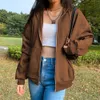 Marrom y2k hoodies mulheres estética vintage zip up sweatshirt winter casaco bolsos manga comprida sólido sólido bordado streetwear q0116