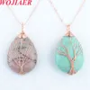 Wojiaer Natural Quartz Opal Stone Pendant Necklace Rose Gold Handmased Tree of Life Wrapped Drop Shaped Crystal Reiki Bo901