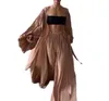 Women Sexy Three Sets Fashion Casual Wrap Solid Tops and Wide Leg Pants Suits Elegant Soft Female 3 Piece Outfits