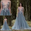 Incríveis vestidos de noite com apliques de flores 3D translúcidos manga comprida cinza linha A vestidos de baile lantejoulas frisados tule até o chão formal216d