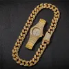 3pcs Set Mens Hip Hop Bling Chains Jewelry Gold Plated Iced Out Diamond Miami Cuban Chain Necklace & Bracelet & Watch Set