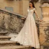 Champagne A Line Wedding Dresses With Full Sleeves Sheer Scoop Neck Lace Appliqued Bridal Gowns 2021 Boho Garden Sweep Train Vestidos AL8148