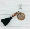 Cross-border fashion personality beaded wooden bead keychain round wood printable disc tassel key pendant