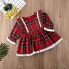 1-6Y Jul Girls Red Dress Toddler Baby Barn Lace Ruffles Tutu Party Plaid Xmas Kostymer Barnkläder 211231