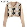 ZAFUL femmes Argyle Crop pull col en V à manches longues pull élégant hauts en tricot pull haut mode automne Outwear 201221