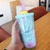 Kiraz çiçeği tumbler kapaklı ve payet 15oz plastik sakura buz bardakları kahve suyu sütü içmek için