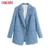 Tangada 2020 outono inverno mulheres vintage azul blazer feminino manga comprida elegante jaqueta senhoras grosso blazer trajes formais lj200911