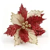 Décorations de noël 5 pièces/lot 2021 22cm paillettes Poinsettia fleurs artificielles arbre ornement joyeux fête fournitures1