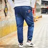 Men Peking Opera Mask Embroidered Elastic Waist Drawstring Jeans Fashion Male Denim Trousers Plus Size 5XL 6XL 7XL 8XL 201128