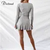 DICLOUD Sexy V Neck Knitted Ruffle Dress Women Winter Autumn Long Sleeve Party Day Dress With Waist Tie Ladies Ribbed Knitwear T200911