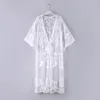 Women's Swimwear lace long sleeve belt beach smock Cover-up white