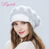 Chapeau d'hiver pour femmes Chapeau de laine Angora avec visière de couleur assortie Décoration de vison tricotée Double chapeau chaud Y200102