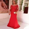 Mermaid Long Red Mother of the Bride Dresses 3/4 Long Sleeve Sequined Lace Wedding Party Formal Gown Evening Dress Floor Length