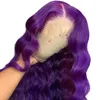 Dropship Colorful Wig Purple Color Faliste Szwajcarskie Przezroczyste Koronki Przednie Brazylijskie Dziewicze Ludzkie Włosy Peruki