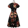 Nice-Forever Vintage Elegant Blomstryck Pläterad Rund Neck Vestidos A-Line Pinup Business Party Women Flare Swing Dress LJ200810