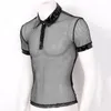 Iiniim Mens Se genom Sheer Fishnet Turn-down Collar Kortärmad Hål Ut T-shirt Muskel Toppar Clubwear Moto Party Kostymer