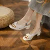 Sandels New Casual Genuine Cow Leather Sandals for Women Shoes Summer Open Toed Mid Heel Retro Roman High Heels 220303