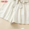 Tangada women vintage cotton linen playsuits bow tie short sleeve rompers ladies casual chic jumpsuits QW2 T200704