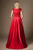 Röd Satin Long Modest Prom Klänningar 2020 med Cap Sleeves A-Line Tungt Beaded Bodice College Modest Evening Party Gowns Couture On Sale