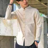 2021 printemps nouveau hommes chemise en lin solide Style chinois col Mandarin mâle à manches longues coupe ajustée lin t-shirt hauts M-5XL G1222