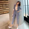 Vintage Double Breasted Dames Pant Suit Drie Quarter Kleped Blazer Jas Hoge Taille Broek 2020 Summer Office Draag Dameskleding