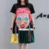 Mode lâche confortable grande taille robes pour femmes streetwear coton robe caricaturé auto-portrait