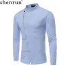 القمصان غير الرسمية للرجال Shenrun Men Fashion Long Sleeve الوقوف على طوق Slant الإغلاق الطري