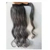 Long high wavy grey human hair pony tail hairpiece wraps natural highlights silver grey salt and pepper gray ponytail extension 18inch 140g