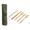7Pcs/Set Wooden Dinnerware Set Bamboo Teaspoon Fork Soup Knife Catering Cutlery Set with Cloth Bag Kitchen Cooking Tools Utensil