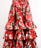 High quality 2020 summer new fashion red rose print lotus leaf side cascading cake type sexy harness beach style women dress Y0118