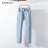 BIAORUINA femmes lavage bleu clair jean blanchi femme mode taille haute jean droit dames décontracté Streetwear jean 201105