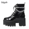 Gdgydh Patent Leather Boots Gothic Black Women Heel Sexy Chain Chunky Heel Platform Female Punk Style Ankle Boot Zipper