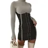 Womens Bandage Dress Sexy Abito moda moda manica lunga Collare in stand-up Tops Skirt Breve Designer Femmina Primavera Nuovo Abito sottile casual in vita alta