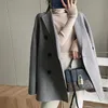 Women's Double-Breasted Wool-Blend Coat Turn-down Collar Long Sleeve Solid Color Jacket with Pockets 201215