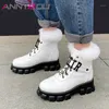 ANNYMOLI Ankle Boots High Heel Short Boots Platform Thick Heel Woman Fur Lace Up Female Shoes Autumn Winter White Size 461