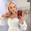 Off Shoulder Trouwjurk 2021 Lantaarn Lange Mouw Point Net Tulle White goedkope Bruidsjurken A-lijn Vloerlengte Elegant Vestidos de Novia